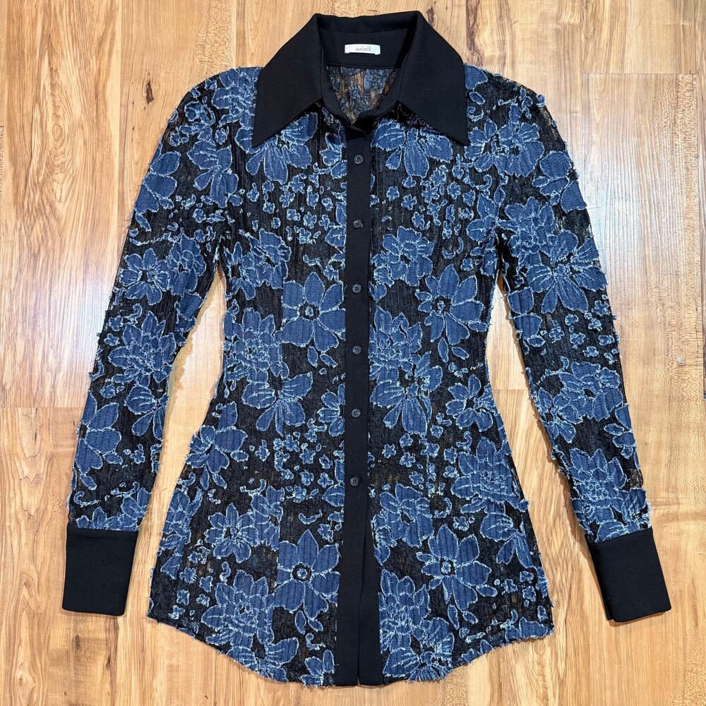 Revolve Aaizel Denim Lace Floral Burnout Sheer Collared Shirt Size 8 - Picture 3 of 10